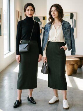 Classic  Made in Italy Wool Knit Midi Pencil Skirt Forest Green Lined Slit 14